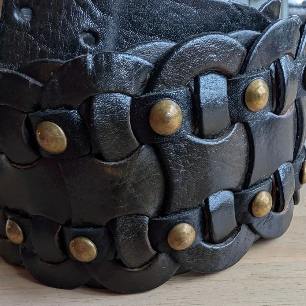 MOTIF 56 Black Leather Studded‎ Wide Waist Belt Boho Woven Women's Large